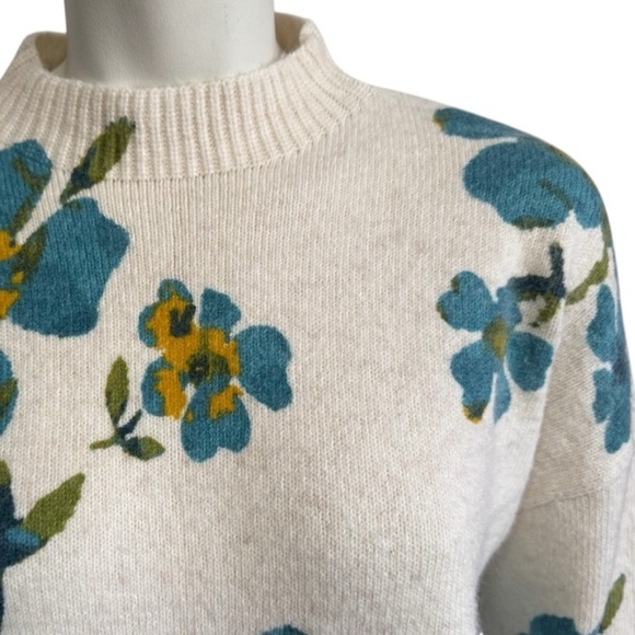 LOFT floral ivory teal cotton blend mock neck pullover sweater women's small - Picture 12 of 16
